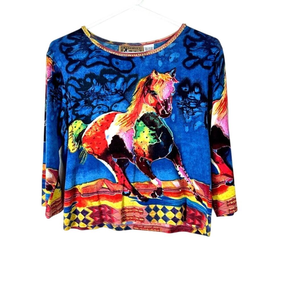 Don’t Mess With Texas Horse Print Top Size M 100% Cotton Southwestern Style
